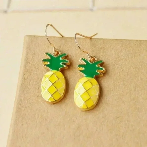 Handmade Enameled Pineapple Charm Dangle Gold Plated Earrings - Picture 1 of 1